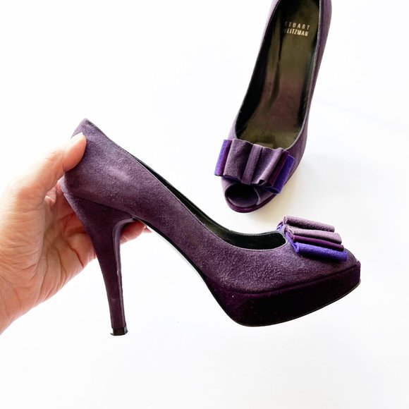 Stuart Weitzman Purple Suede Peep Toe Folded Bow Stiletto Pumps - Picture 14 of 16